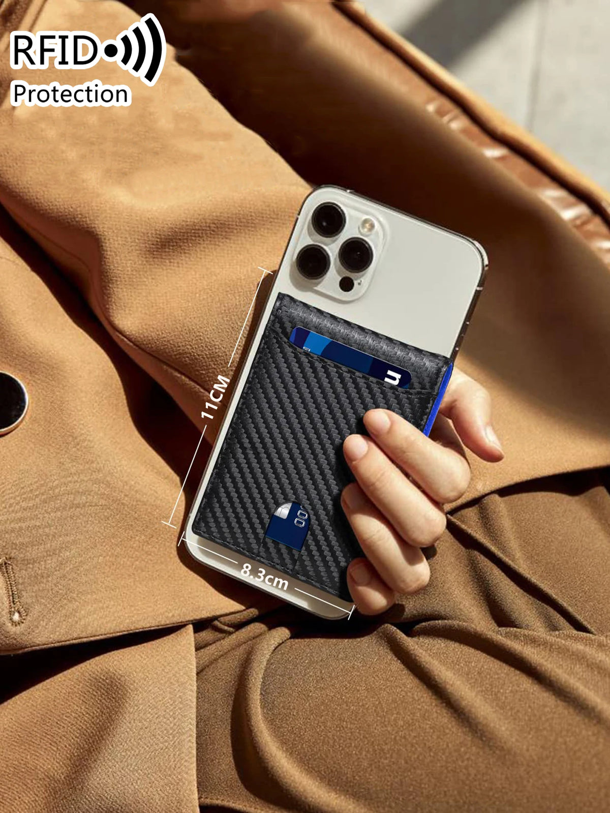A hand holds a slim black RFID-blocking wallet with a blue accent against a brown jacket.