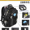A black multi-functional backpack showing various compartments and features like pockets, a laptop sleeve, and accessories.