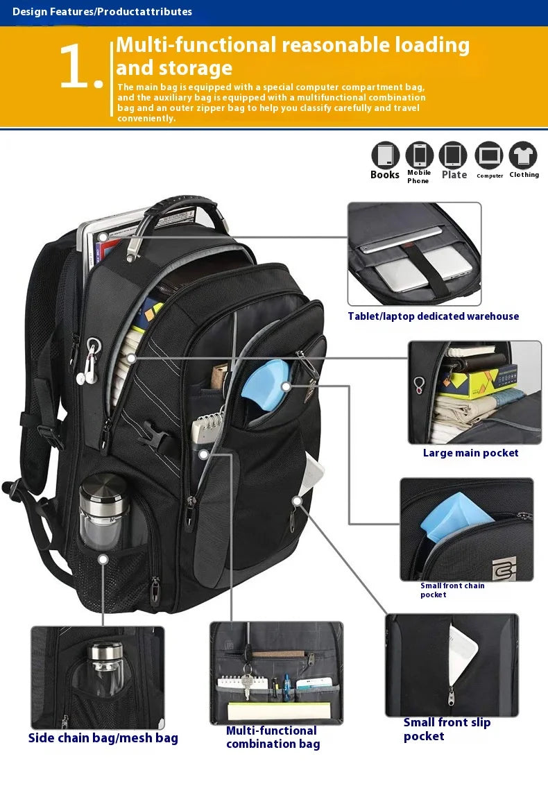 A black multi-functional backpack showing various compartments and features like pockets, a laptop sleeve, and accessories.