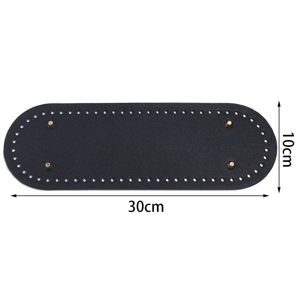 Black oval PU leather bag base with pre-punched holes for crochet and knitting