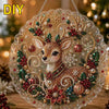 A detailed pearl diamond painting suncatcher featuring a deer head surrounded by lush green and red foliage with a lace edge.
