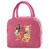 A pink insulated canvas lunch bag with a handle featuring a large letter H design.