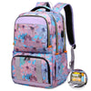 A purple and pink floral patterned insulated lunch and picnic backpack with a black strap.