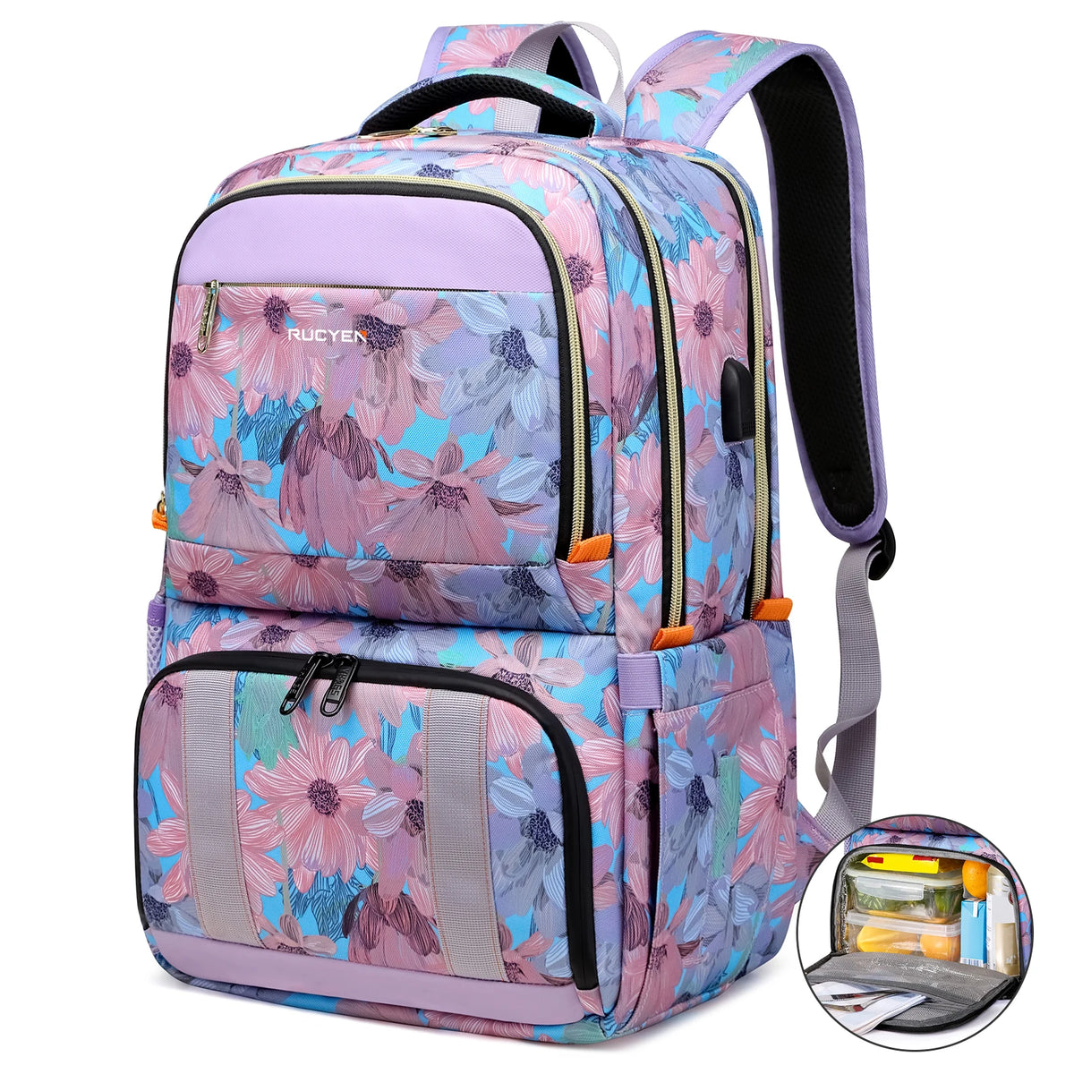 A purple and pink floral patterned insulated lunch and picnic backpack with a black strap.