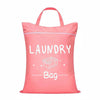 A pink laundry bag with a white drawstring closure and adjustable handle.