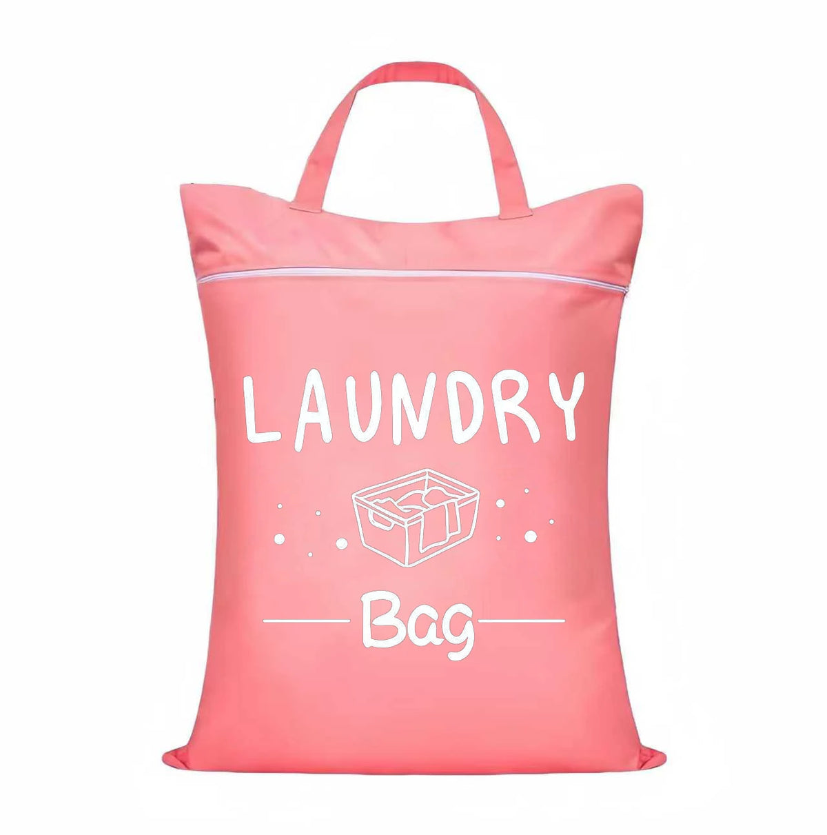 A pink laundry bag with a white drawstring closure and adjustable handle.