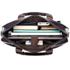 A dark brown genuine cowhide leather briefcase bag open to show organized compartments and various items.