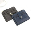 A dark blue leather card holder wallet with a flap and coin pocket shown on a white background.