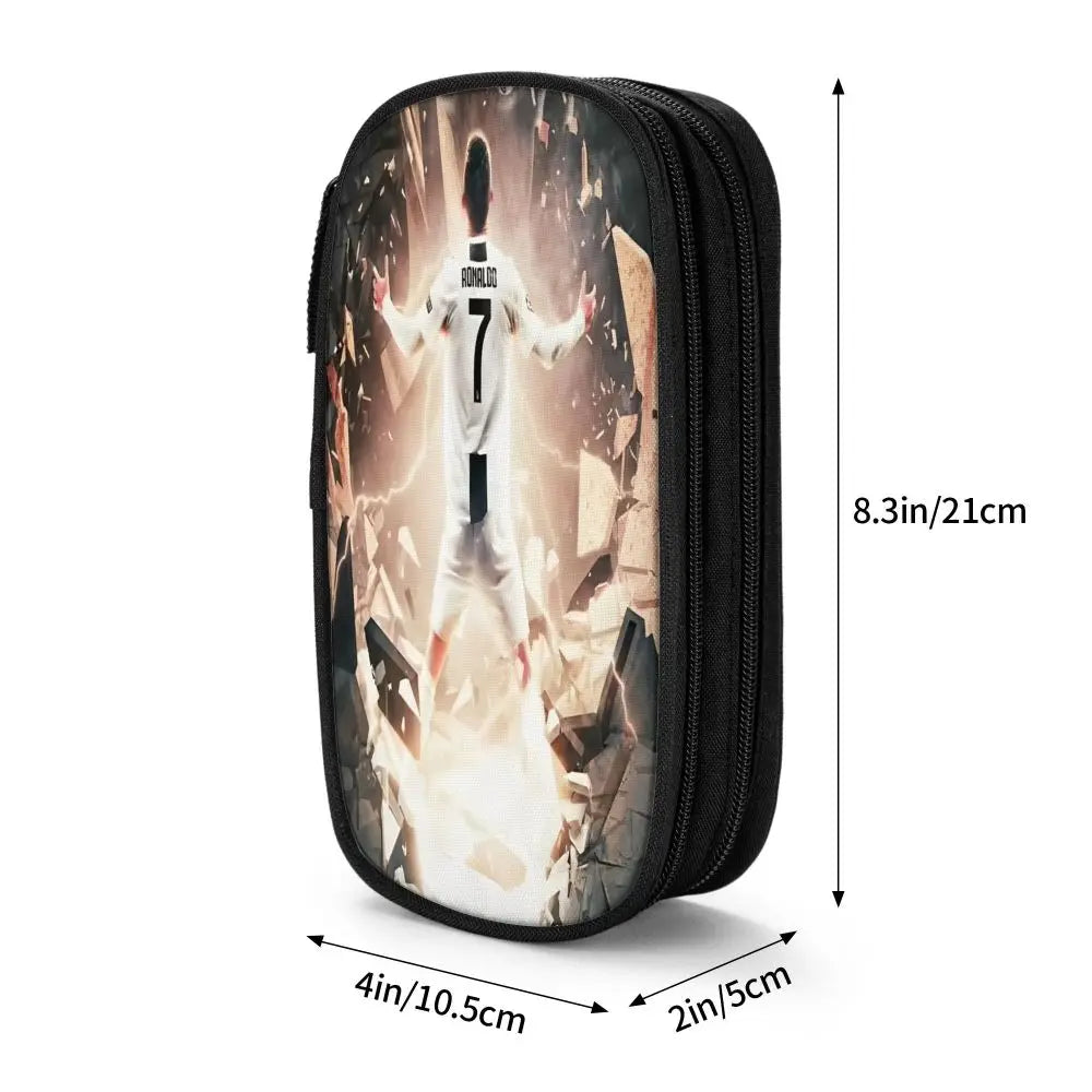 Black zippered pencil case featuring a graphic design of a soccer player in a white jersey