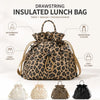 A brown and black leopard print insulated lunch bag with a drawstring closure shown alongside smaller versions.