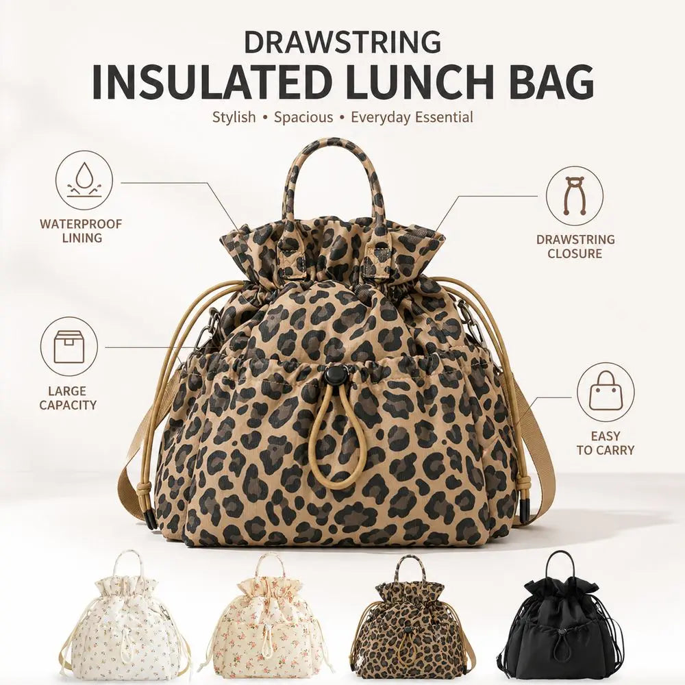 A brown and black leopard print insulated lunch bag with a drawstring closure shown alongside smaller versions.