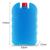 A blue reusable ice pack with a red cap, measuring 14.5cm in height and 8.8cm wide.