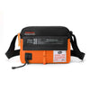 Orange and black waterproof nylon crossbody bag with a black strap and buckle.