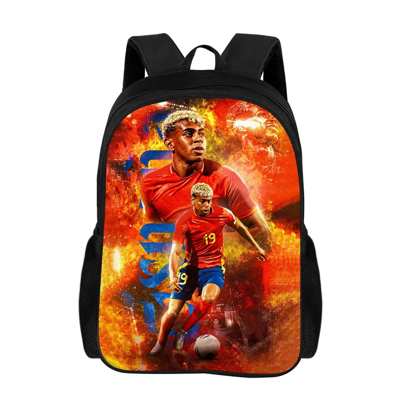 A black backpack featuring a graphic of a soccer player in a red jersey against an orange and yellow background.