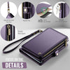 Cartera de pasaporte de cuero morado con detalles dorados y correa, mostrando cierres magnéticos y protección RFID