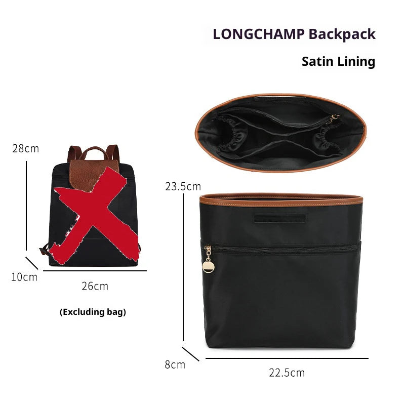 Black Longchamp backpack with satin lining and a red cross design shown next to the bag.