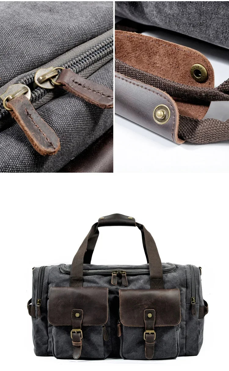 Dunkelgrabe Canvas-Reise-Duffeltasche mit braunen Lederakzenten und Reißverschlusdetails.