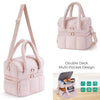 Bolsa térmica acolchada de dos pisos y múltiples bolsillos, impermeable, color rosa, con correas para hombros.