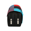 A black zippered flip pen case with a multi-colored, layered design featuring pink, black, and light blue sections.