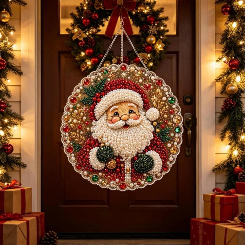 A decorative Christmas wreath featuring Santa Claus and holly, displayed on a wooden door.