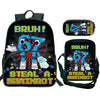 A black backpack set featuring a blue and orange cartoon character design with text that reads BRUH and STEAL A BRAINROT
