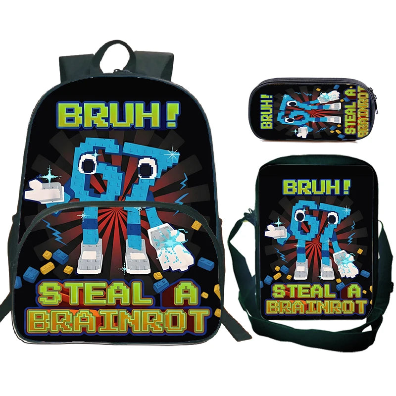 A black backpack set featuring a blue and orange cartoon character design with text that reads BRUH and STEAL A BRAINROT