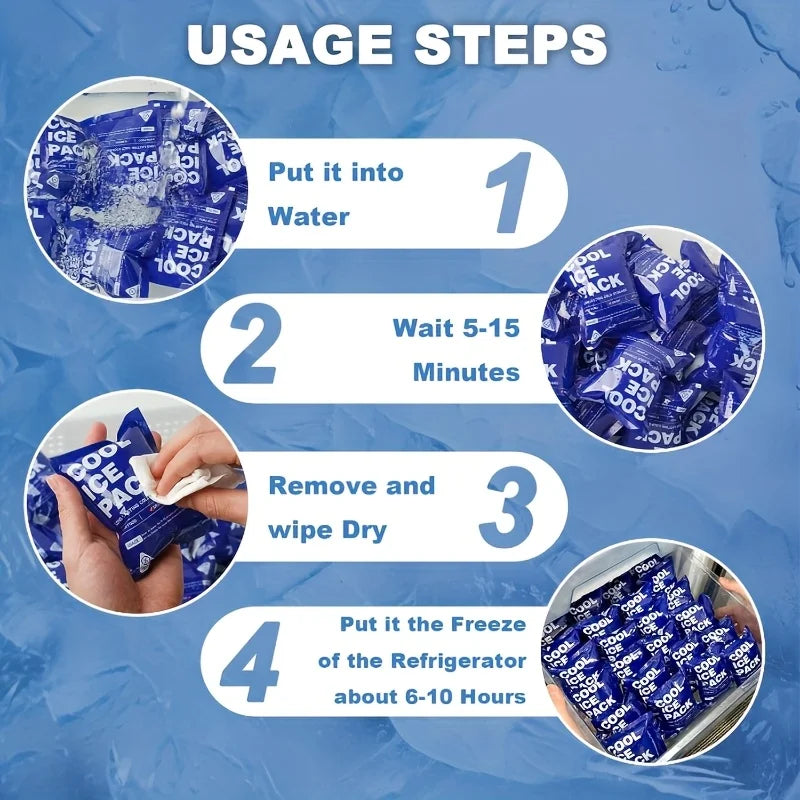 Instructions showing four steps to use a reusable leakproof ice pack for food preservation.