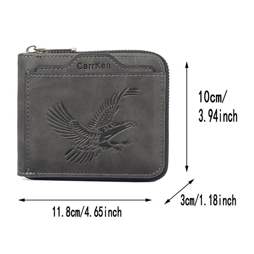 Cartera de cuero gris oscuro grabada con un diseño de águila vintage.
