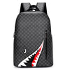 A black plaid laptop backpack featuring a white and red tiger stripe design.