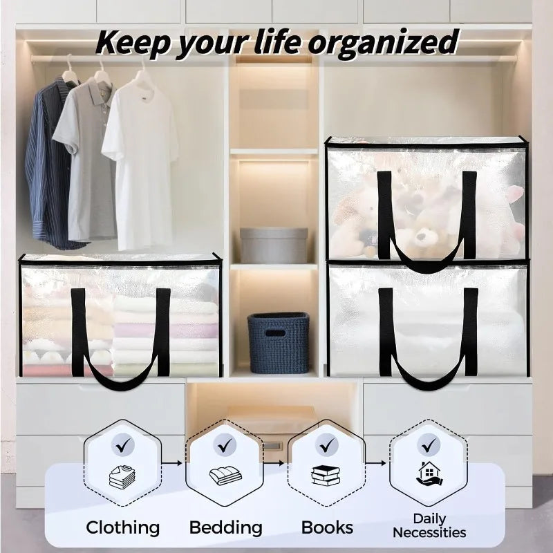 White storage cabinet displaying clear plastic bins for clothing, bedding, books, and daily necessities.