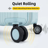 A light blue piece of luggage with shock-absorbing and noise reduction wheels is shown.