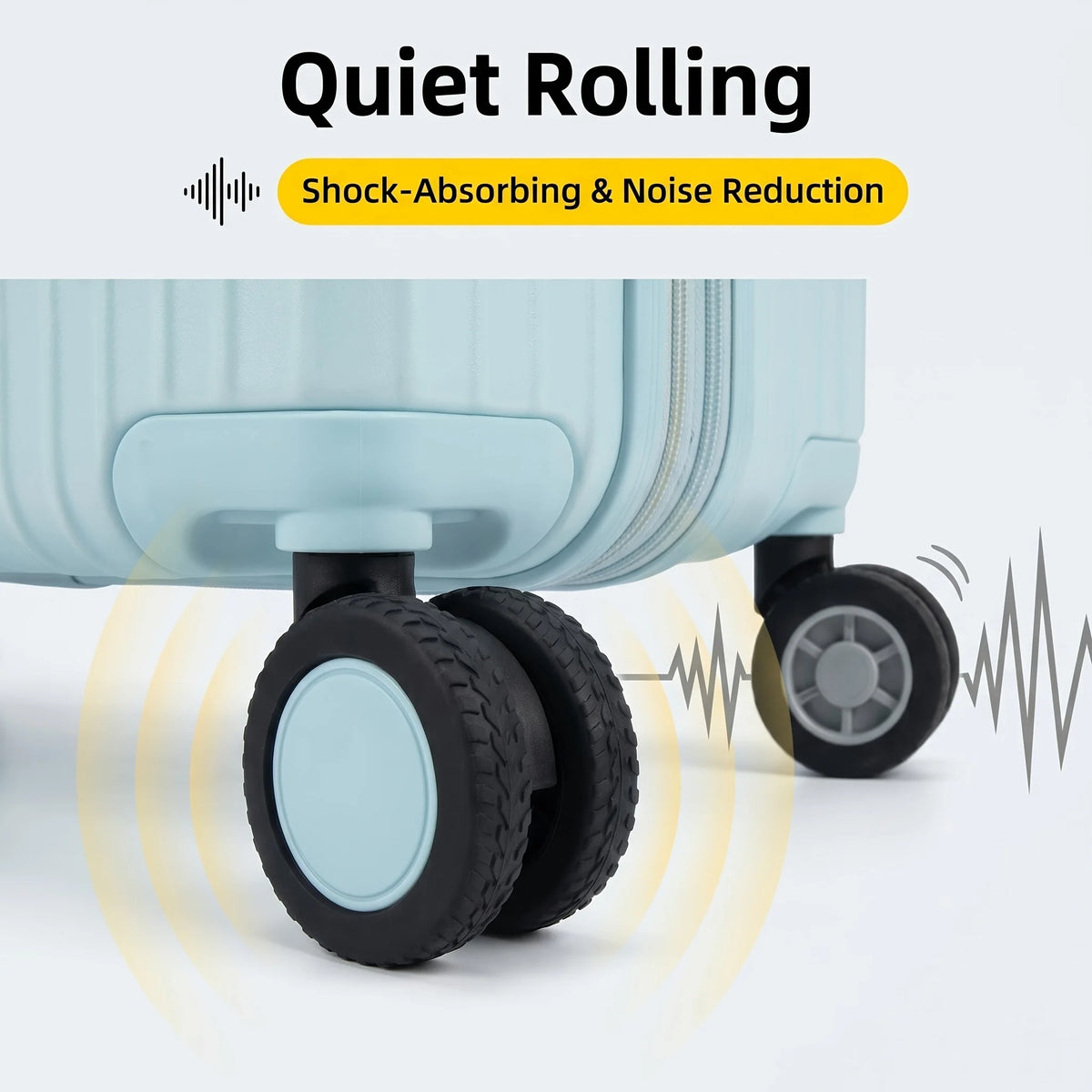 A light blue piece of luggage with shock-absorbing and noise reduction wheels is shown.