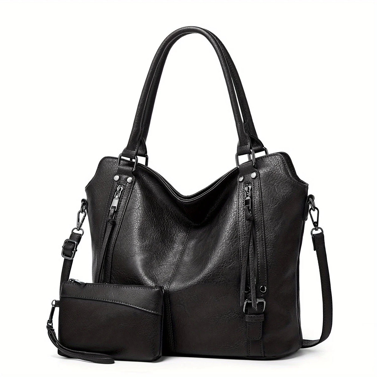 Black women's PU leather crossbody tote bag with a flap closure and shoulder strap.