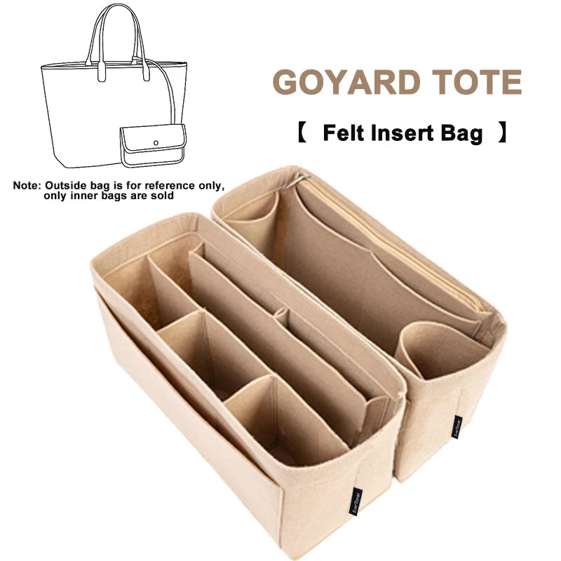 A felt insert bag organizer designed for Goyard tote handbags.