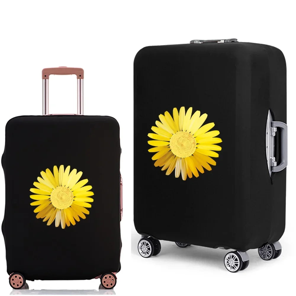 Black suitcase with a yellow sunflower design on the front