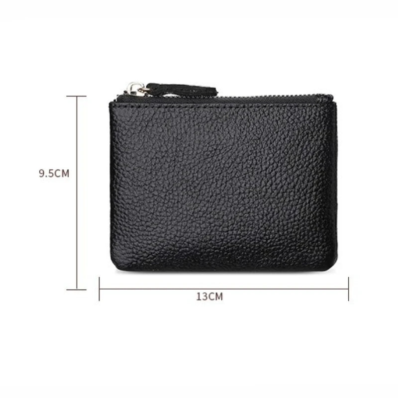 Black genuine leather mini zipper coin and card purse shown from the top view.