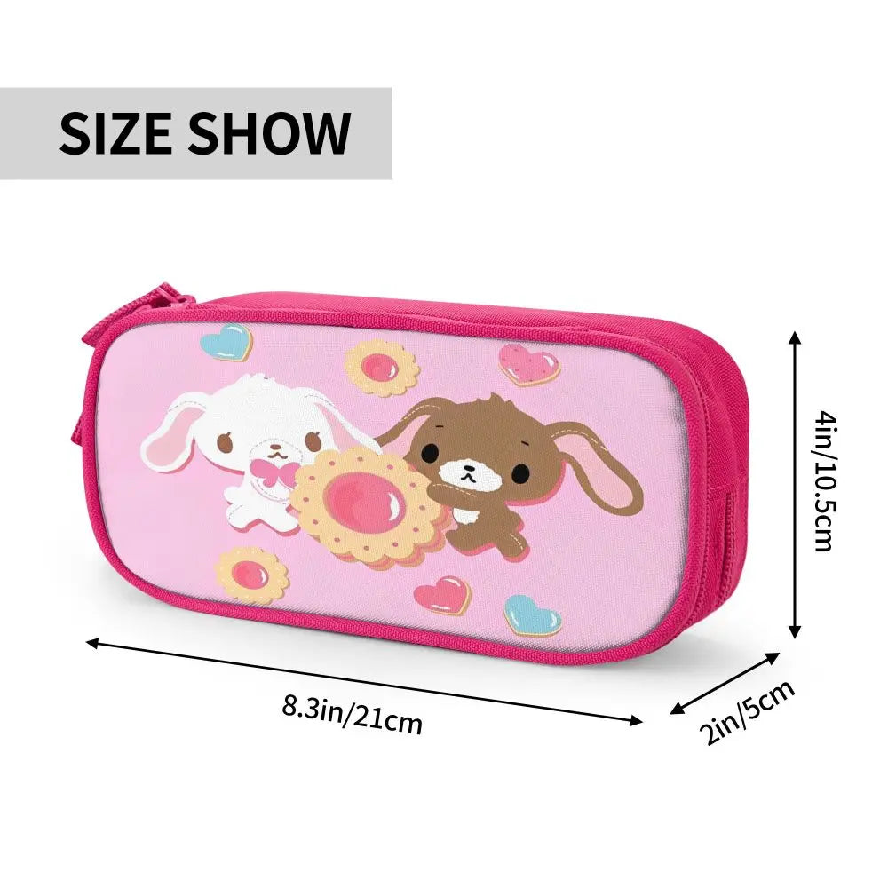 Pink pouch featuring cute animal designs and hearts for a classic leather pencil case set