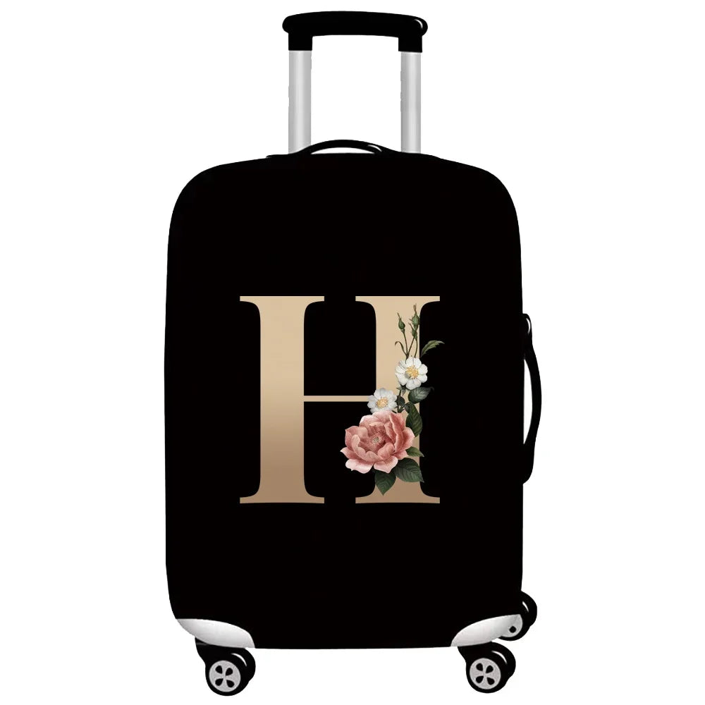 Black rolling suitcase with a gold initial H design on the side.