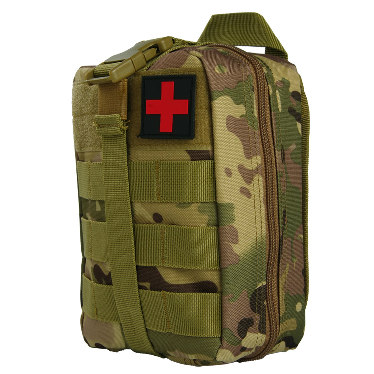Olive drab tactical waist pack first aid kit bag with a red cross insignia