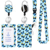 A blue and yellow butterfly patterned badge reel with a silver clip and black strap attached to a white lanyard.