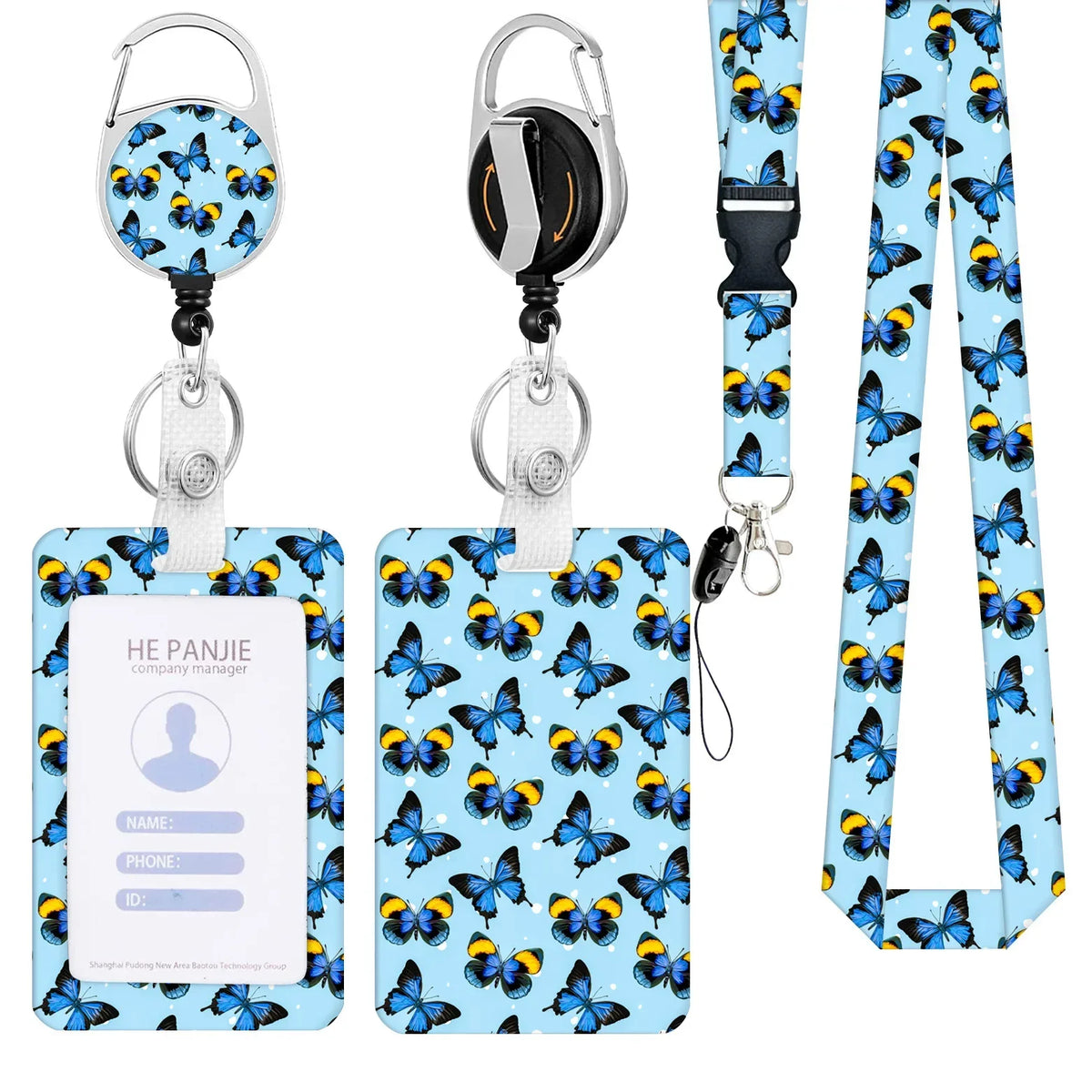 A blue and yellow butterfly patterned badge reel with a silver clip and black strap attached to a white lanyard.
