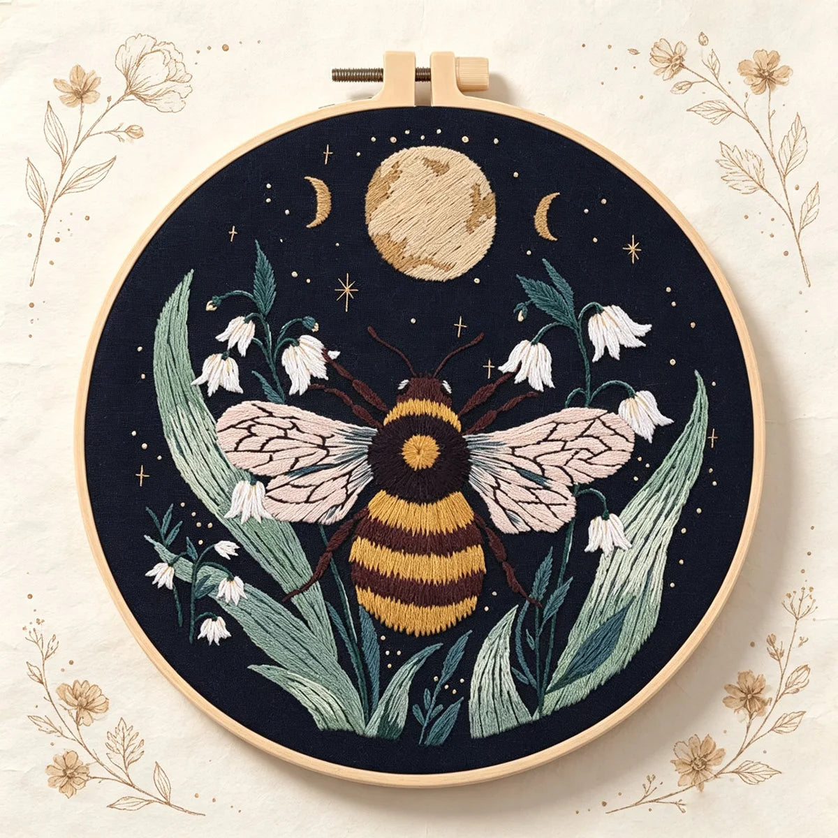 A dark navy embroidery featuring a bee surrounded by green foliage and white flowers, set against a starry night background.