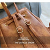 Gros plan d'un mini sac à dos en cuir marron rétro avec sangles réglables et détails de couture.