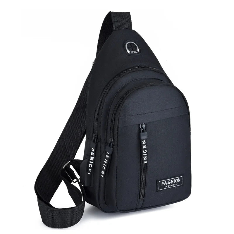 Black water-resistant casual chest bag with a phone pocket and adjustable strap.