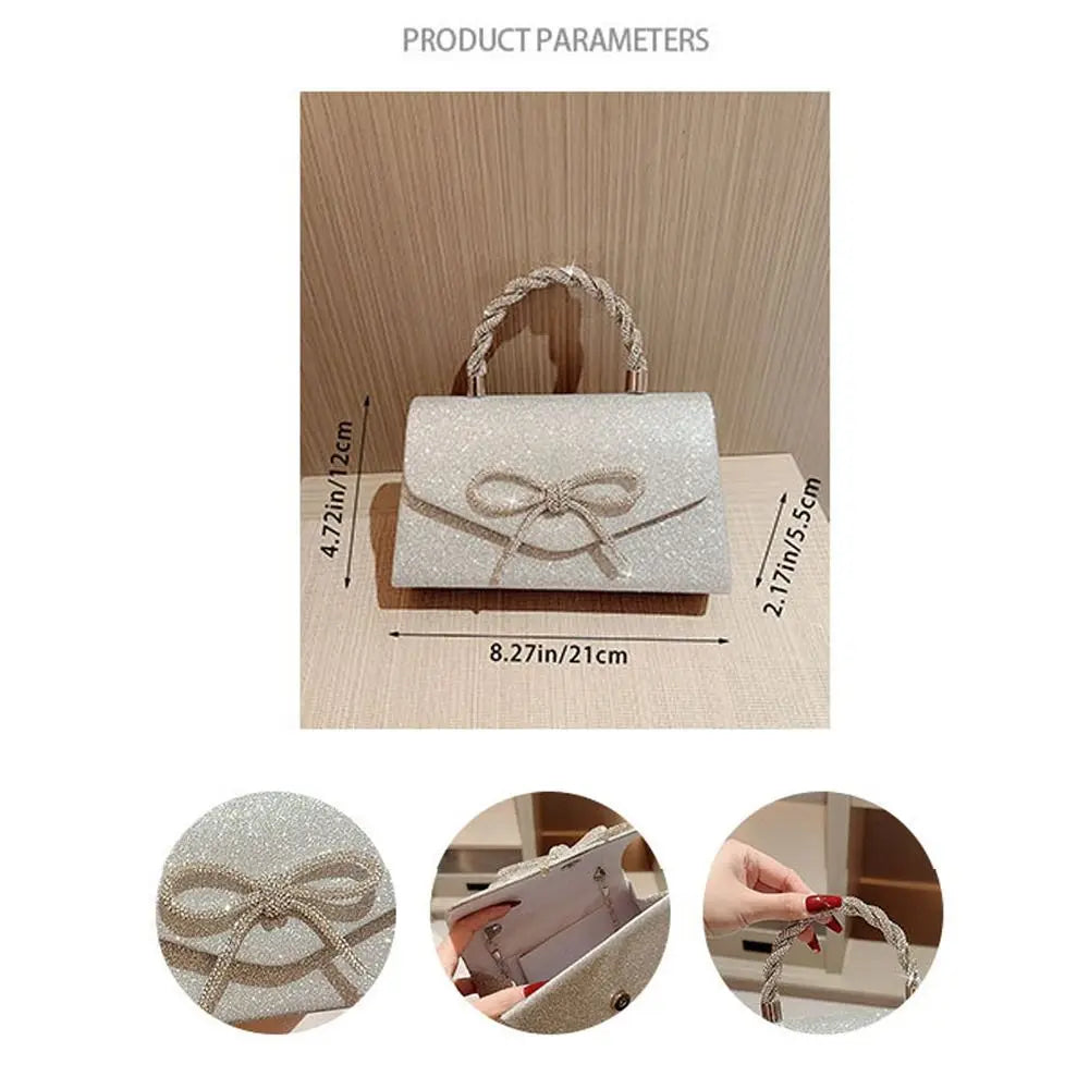 Clutch de noche con lazo brillante beige claro, mostrado desde varios ángulos y dimensiones.