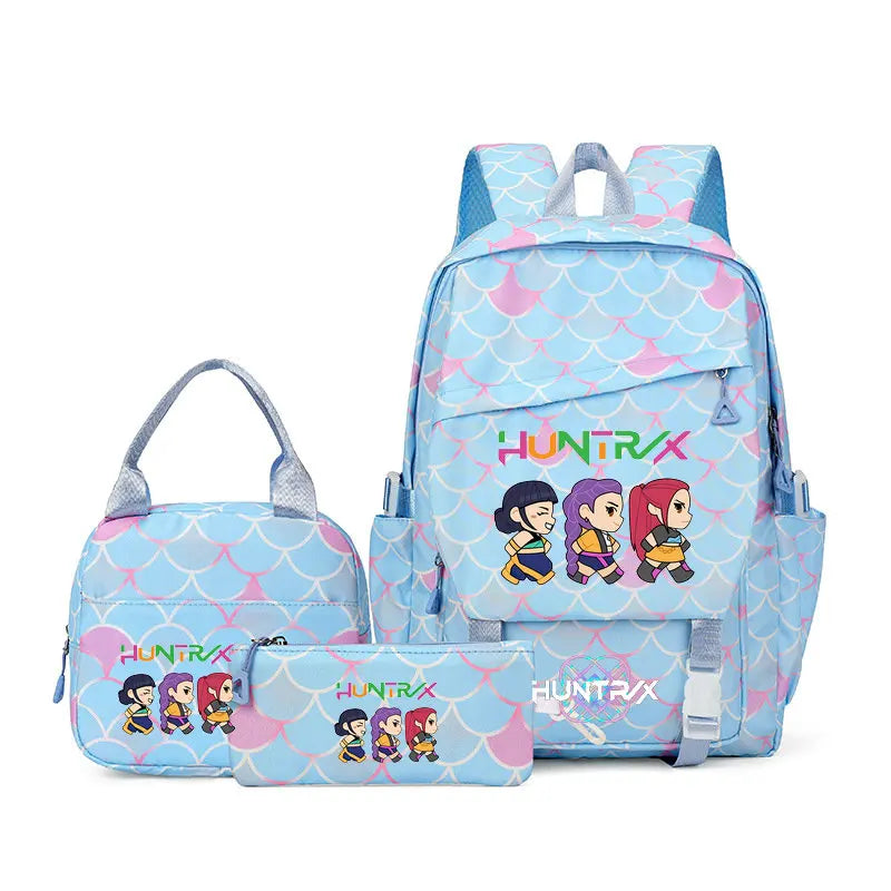 A light blue and pink multi-compartment casual backpack featuring characters from the Hunter x Hunter anime.