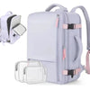 A light purple laptop backpack with a clear plastic sleeve is shown.