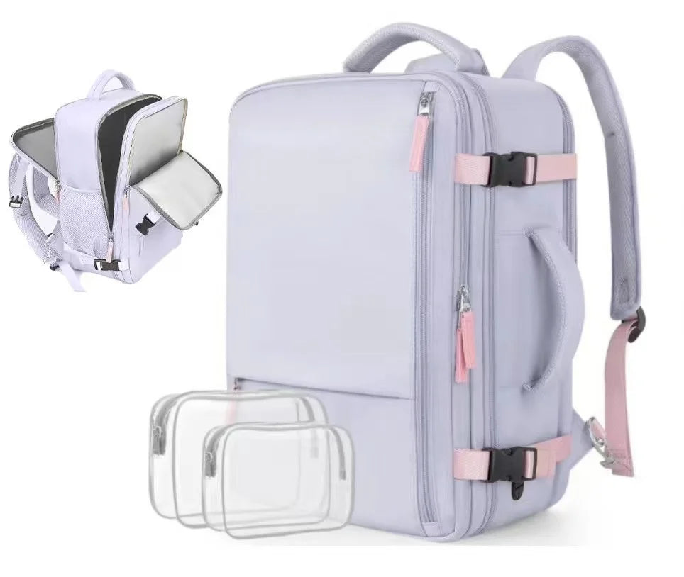 A light purple laptop backpack with a clear plastic sleeve is shown.