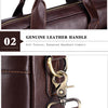 Close-up view of a brown genuine leather briefcase showing the handle and metal hanging buckle details.