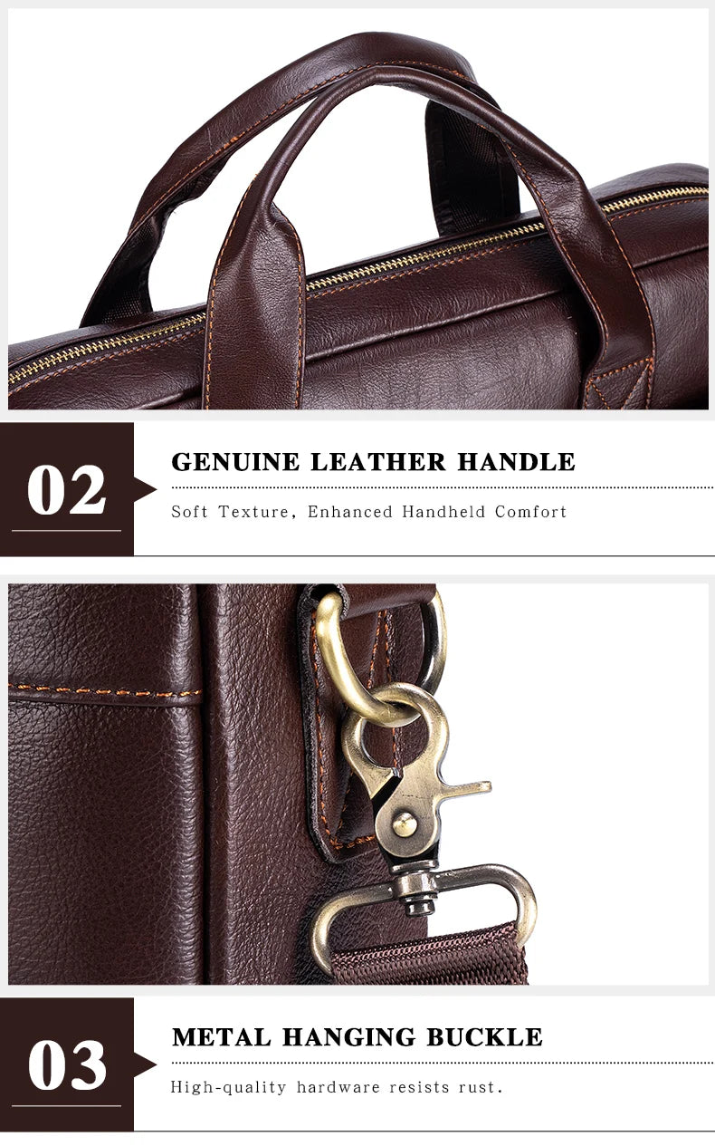 Close-up view of a brown genuine leather briefcase showing the handle and metal hanging buckle details.